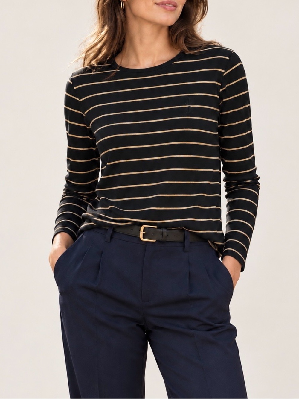 Lauren Ralph Lauren  PL Black Gold Metallic Stripe Long Sleeve Top